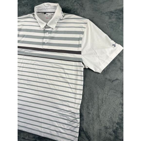 Under Armour Men’s Large White Gray Striped HeatGear Polo Excellent - Picture 6 of 13